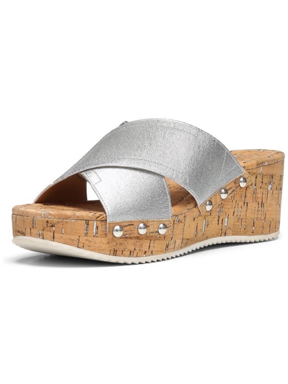 Donald J. Pliner Silver 3 inch Crisscross Cork Slides 10m NWOT
